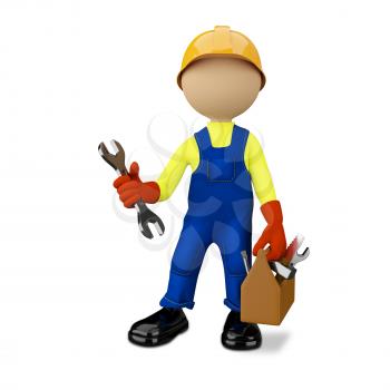 3D Illustration of a Worker with a Toolbox on White Background