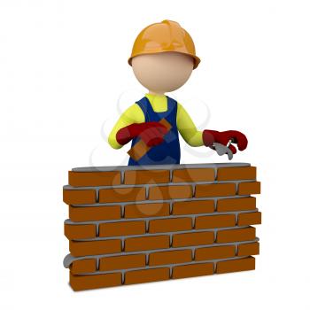 3D Illustration Bricklayer Lay Brick on White Background