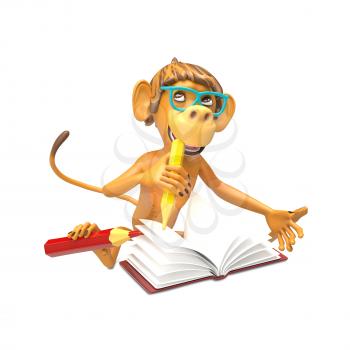 3D Illustration of a Monkey with a Book and Pencils on White Background