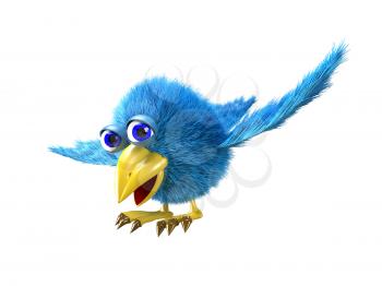 3D Illustration Blue Cartoon Bird Flies Side View on a White Background