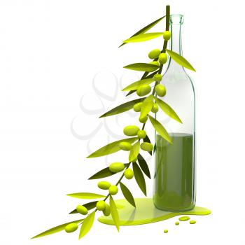3D Illustration Olive Branch and Bottle with Oil on White Background