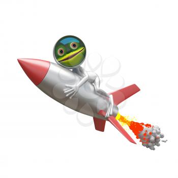 3D Illustration of a Frog in a Spacesuit on a Rocket on a White Background