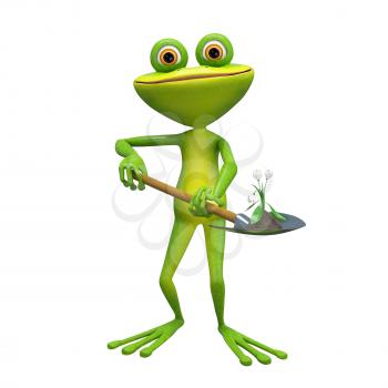 3D Illustration of a Frog with a White Flower on a Shovel on a White Background