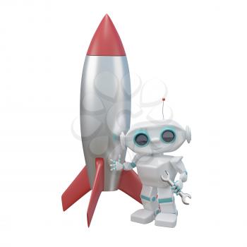 3D Illustration Little Robot Repairs a Rocket on a White Background