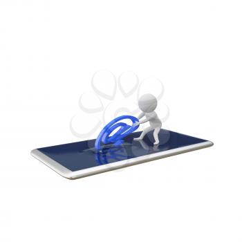 3D Illustration Abstract White Man Pulls Email Sign from Smartphone on a White Background