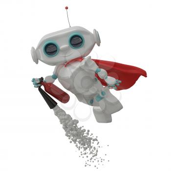 3D Illustration of a Little Robot with a Fire Extinguisher on a White Background