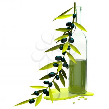 3D Illustration Black Olive Branch and Bottle with Oil on White Background