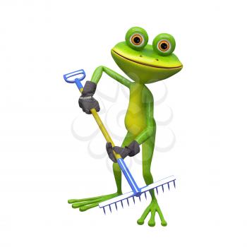 3D Illustration of a Frog with a Rake on a White Background