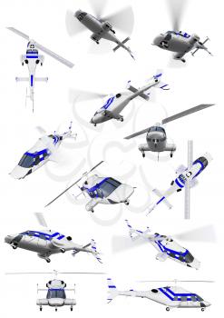 Royalty Free Clipart Image of a Bunch of Helicopters