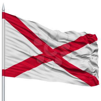 Isolated Alabama Flag on Flagpole, USA state, Flying in the Wind, Isolated on White Background