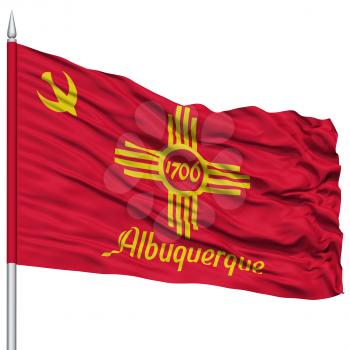 Albuquerque City Flag on Flagpole, New Mexico State, Flying in the Wind, Isolated on White Background