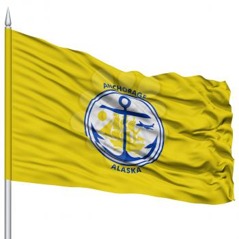 Anchorage City Flag on Flagpole, Alaska State, Flying in the Wind, Isolated on White Background