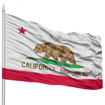 Isolated California Flag on Flagpole, USA state, Flying in the Wind, Isolated on White Background