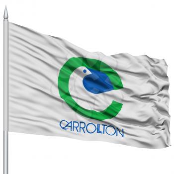 Carrollton City Flag on Flagpole, Texas State, Flying in the Wind, Isolated on White Background