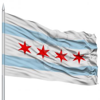 Chicago City Flag on Flagpole, Illinois State, Flying in the Wind, Isolated on White Background