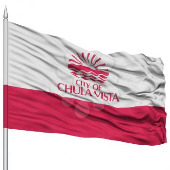 Chula Vista City Flag on Flagpole, California State, Flying in the Wind, Isolated on White Background
