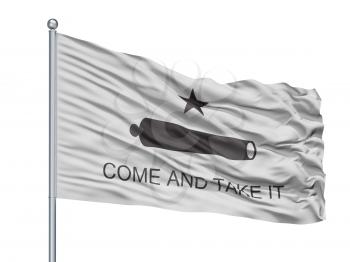 Come And Take It Texas Flag On Flagpole, Isolated On White Background, 3D Rendering