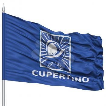 Cupertino City Flag on Flagpole, California State, Flying in the Wind, Isolated on White Background