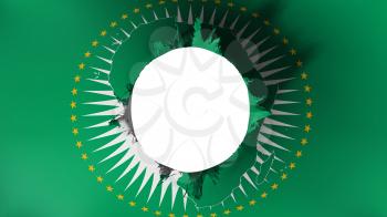 Hole cut in the flag of African Union, white background, 3d rendering