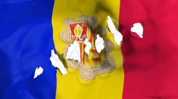 Andorra flag perforated, bullet holes, white background, 3d rendering