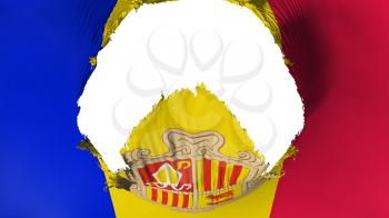 Big hole in Andorra flag, white background, 3d rendering