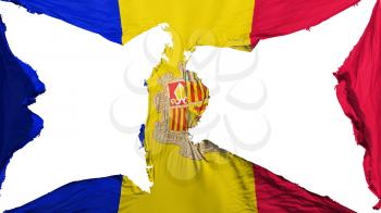 Destroyed Andorra flag, white background, 3d rendering