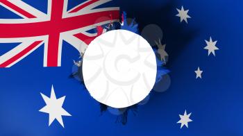 Hole cut in the flag of Australia, white background, 3d rendering