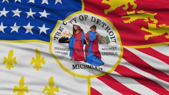 Closeup of Detroit City Flag, Waving in the Wind, Michigan State, United States of America