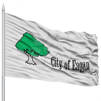 Eagan City Flag on Flagpole, Minnesota State, Flying in the Wind, Isolated on White Background