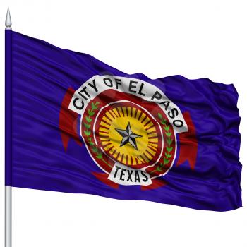 El Paso City Flag on Flagpole, Texas State, Flying in the Wind, Isolated on White Background