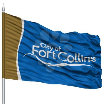 Fort Collins City Flag on Flagpole, Colorado State, Flying in the Wind, Isolated on White Background