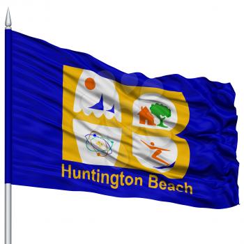 Huntington Beach City Flag on Flagpole, California State, Flying in the Wind, Isolated on White Background