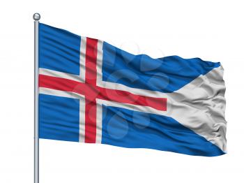 Iceland State Flag On Flagpole, Isolated On White Background, 3D Rendering