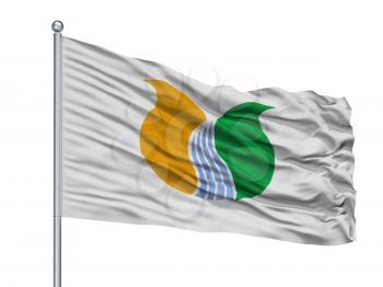 Tonami City Flag On Flagpole, Country Japan, Toyama Prefecture, Isolated On White Background