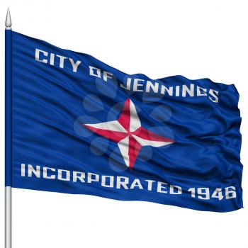 Jennings City Flag on Flagpole, Missouri State, Flying in the Wind, Isolated on White Background