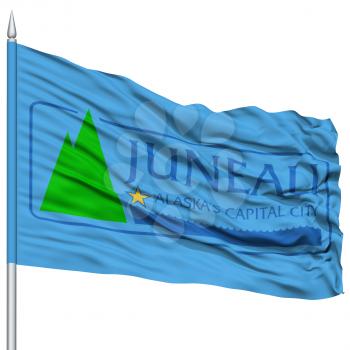 Juneau City Flag on Flagpole, Alaska State, Flying in the Wind, Isolated on White Background