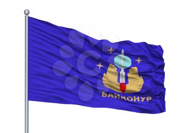 Baykonur City Flag On Flagpole, Country Kazakhstan, Isolated On White Background