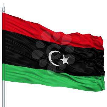 Libiya Flag on Flagpole , Flying in the Wind, Isolated on White Background