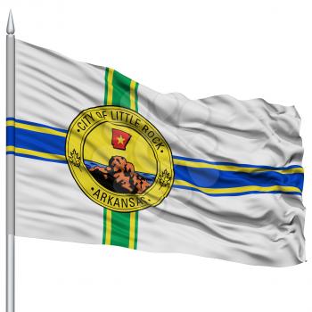 Little Rock Flag on Flagpole, Capital of Arkansas State, Flying in the Wind, Isolated on White Background
