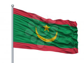 Mauritania Flag On Flagpole, Isolated On White Background, 3D Rendering