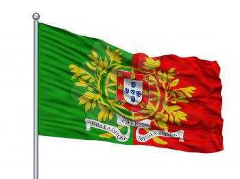 Military Portugal Flag On Flagpole, Isolated On White Background, 3D Rendering