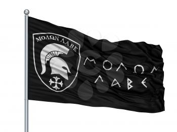 Molon Labe Isolated Flag on Flagstaff, White Background, 3D Rendering