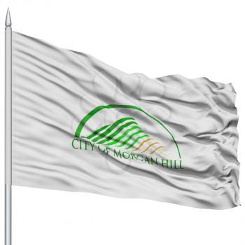 Morgan Hill City Flag on Flagpole, California State, Flying in the Wind, Isolated on White Background