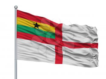 Ghana Naval Ensign Flag On Flagpole, Isolated On White Background, 3D Rendering