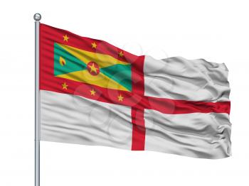 Grenada Naval Ensign Flag On Flagpole, Isolated On White Background, 3D Rendering