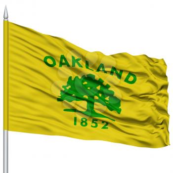 Oakland City Flag on Flagpole, California State, Flying in the Wind, Isolated on White Background