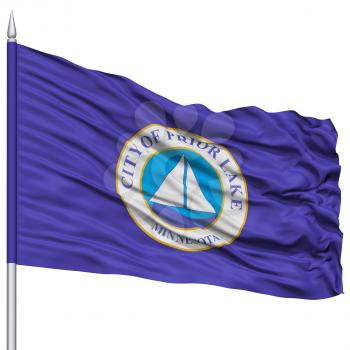 Prior Lake City Flag on Flagpole, Minnesota State, Flying in the Wind, Isolated on White Background