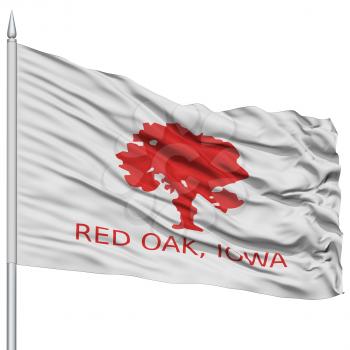 Red Oak City Flag on Flagpole, Iowa State, Flying in the Wind, Isolated on White Background