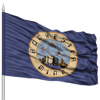 Rochester City Flag on Flagpole, Minnesota State, Flying in the Wind, Isolated on White Background
