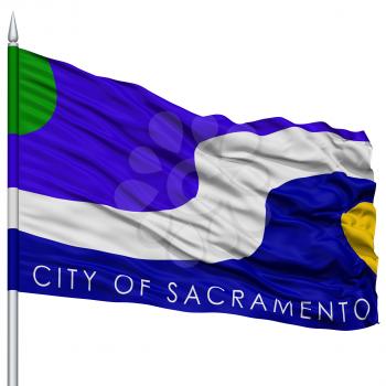 Sacramento Flag on Flagpole, Capital of California State, Flying in the Wind, Isolated on White Background